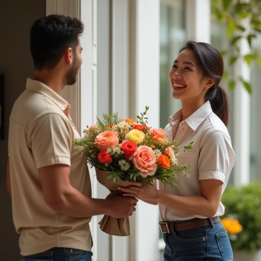 Un fattorino consegna un bellissimo bouquet personalizzato.
