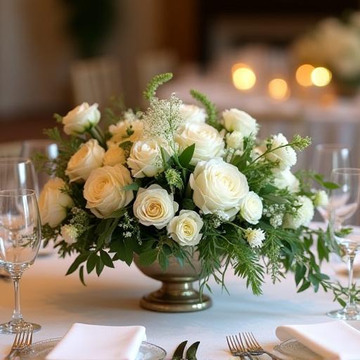 Un elegante allestimento floreale per un tavolo da matrimonio.